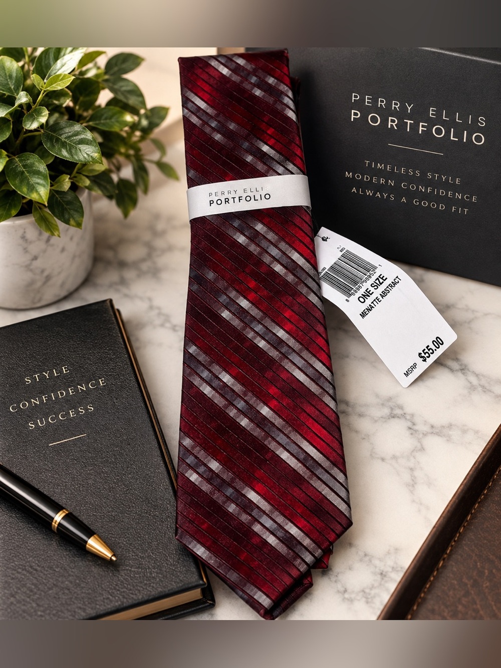 Perry Ellis Portfolio Men’s Necktie – Red, Burgundy & Silver Abstract Stripe NWT